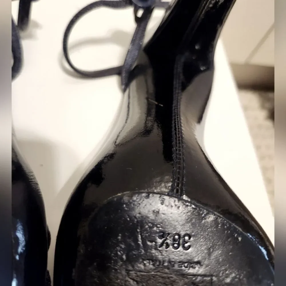 Marc Jacobs Black Patent Leather/Denim Strappy Platform Sandals Sz.7.5/38.5 $495